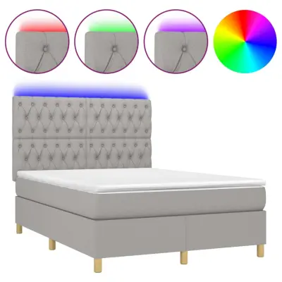 vidaXL Box spring postelja z vzmetnico LED sv. siva 140x200 cm blago