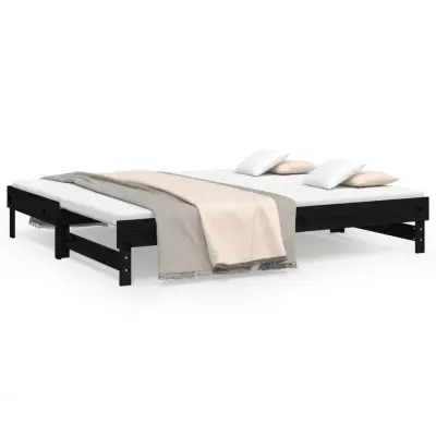 vidaXL Izvlečna dnevna postelja črna 2x(100x200) cm trdna borovina