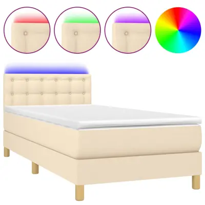 vidaXL Box spring postelja z vzmetnico LED krem 90x200 cm blago