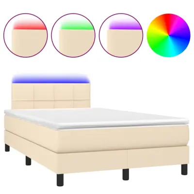 vidaXL Box spring postelja z vzmetnico LED krem 120x200 cm blago
