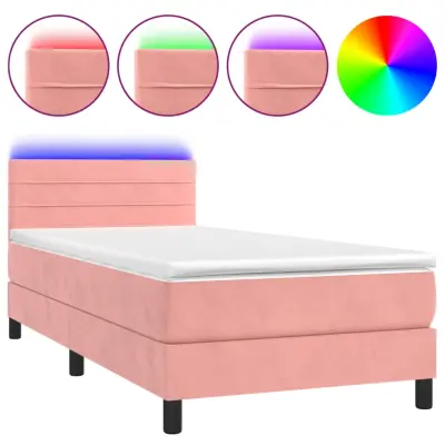 vidaXL Box spring postelja z vzmetnico LED roza 100x200 cm žamet