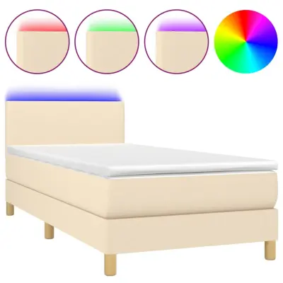 vidaXL Box spring postelja z vzmetnico LED krem 100x200 cm blago