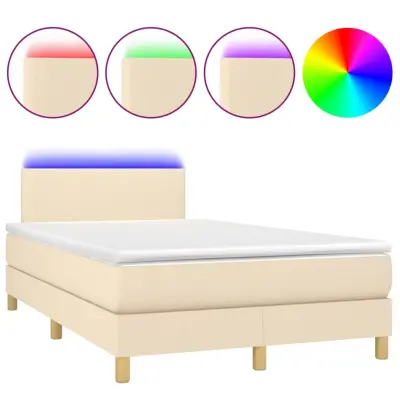 vidaXL Box spring postelja z vzmetnico LED krem 120x200 cm blago