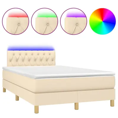 vidaXL Box spring postelja z vzmetnico LED krem 120x200 cm blago