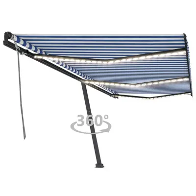 vidaXL Ročno zložljiva tenda z LED lučkami 600x350 cm modra in bela