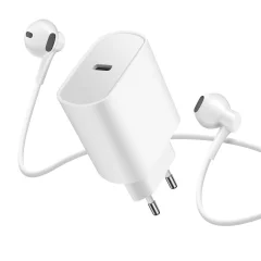 Paket 2 v 1: 20 W USB-C omrežni polnilnik 3,5 Jack žicne slušalke s kompletom za prostorocno telefoniranje - bele