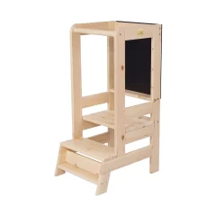 Lesena učna stolpica MeowBaby® Montessori Kitchen Helper, naravna s črnim stolom