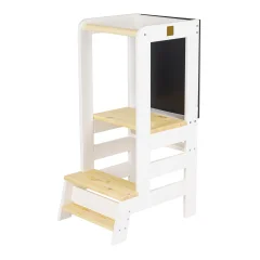 Lesena učna stolpica MeowBaby® Montessori, bela s naravnimi elementi s ploščo