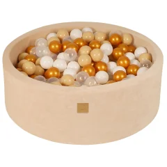 MeowBaby® Okrogel bazen z žogicami 90x30cm, žamet, ecru, 200 kroglic: Zlata/bež/bela/prozorna