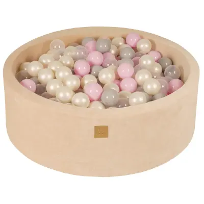 MeowBaby® Okrogel bazen s kroglicami H30cm, žamet, ecru, 200 kroglic: Prozorna/Pastelno roza/Biserno/Siva