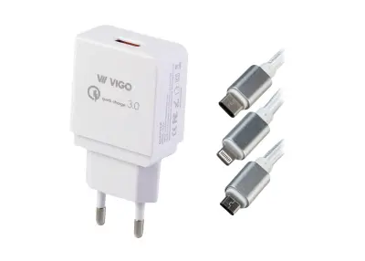 Komplet polnilec VIGO 3.0 quick charge, LIGHTNING, bel