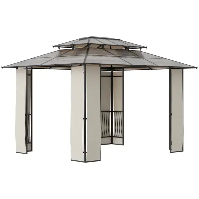 Outsunny Vrtni gazebo 3,65x3m z dvonivojsko streho iz polikarbonata, jekleni in aluminijasti okvir, rjav