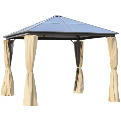 Outsunny Vrtni gazebo 2,94x2,94 m s polikarbonatno streho in mrežami proti muham, aluminijast okvir, kava in kaki