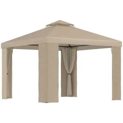 Outsunny Kovinski vrtni gazebo 3x3m z mrežo proti komarjem in dvonivojsko streho iz poliestra kaki