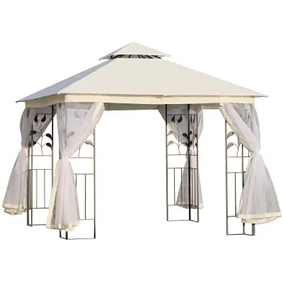 Outsunny zunanji ali vrtni gazebo 3x3m z mrežo proti komarjem, jeklenim okvirjem in dvojnim nadstreškom, bel