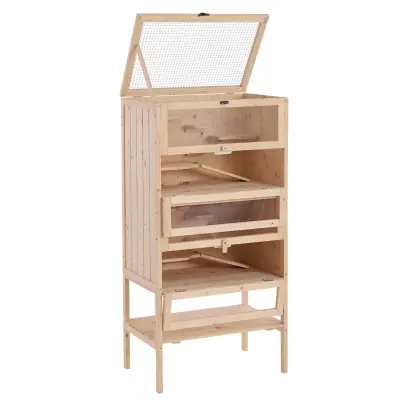 PawHut Kletka za hrčke za glodavce in morske prašičke iz masivnega lesa z odprto streho, 4 povezane police z rampami 60x40x120 cm