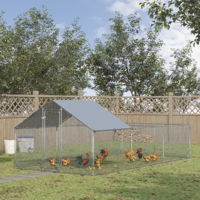 PawHut Vrtni kokošnjak za 15-18 kokoši iz pocinkanega jekla in PE z nadstreškom in ključavnico, 600x300x195 cm, srebrno siva