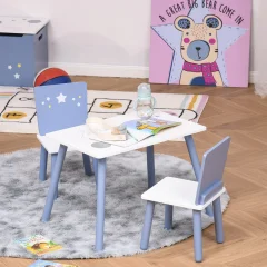 HOMCOM Otroška miza in stoli za otroke od 2 do 4 let v svetlo modri in beli barvi lesa, komplet 3 kosov