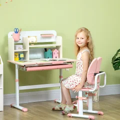HOMCOM Šolska pisalna miza s stolom za otroke 3-12 let, nastavljiva višina, nagibni vrh in oblazinjene blazine, jeklo in MDF, roza