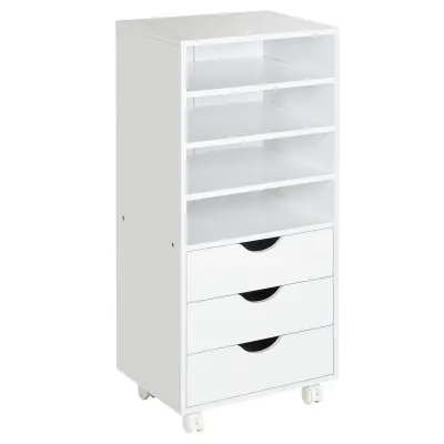 Vinsetto Pisarniška omara s 4 kolesi, 4 policami in 3 predali iz lesa MDF bela 38 x 30 x 86,8 cm