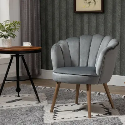 HOMCOM oblazinjen fotelj s školjkastim naslonom in lesenimi nogami, žametni fotelj za dnevno sobo in spalnico, 66 × 72 × 79 cm, siva