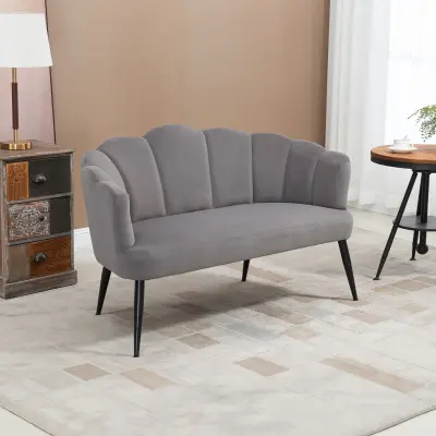 HOMCOM dvosedežna žametna zofa s kovinskimi nogami, salonska zofa s školjkastim naslonom, 132x66x80 cm, siva
