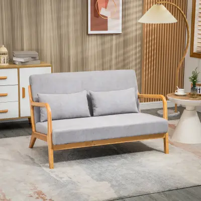 HOMCOM Moderna in prostorsko varčna lesena zofa za 2 osebi z blazinami, oblazinjenim sedežem in tkanino z žametnim učinkom, 122 × 71 × 76 cm, siva