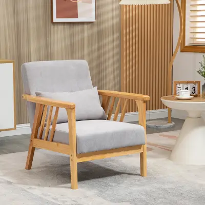 HOMCOM Moderni fotelj z žametnim oblazinjenjem in lesenim okvirjem, fotelj za salon in dnevno sobo z dodatno blazino, 68x75x78cm, siva