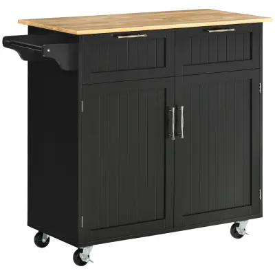 HOMCOM Leseni večnamenski kuhinjski voziček z 2 predaloma, omarico in 4 kolesi, 104x46x91cm, črn