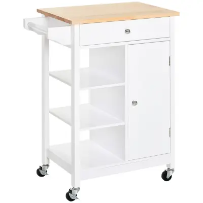 HOMCOM Kuhinjski voziček iz belega MDF: 1 predal, 1 omarica, 3 police in 4 kolesa, 66 x 39,5 x 86,5 cm