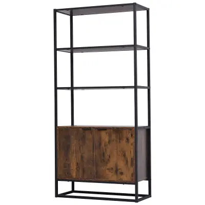 HOMCOM Regal za knjige v starinskem slogu s 3 policami, 1 leseno omarico in kovinskim okvirjem črne barve 76x33x162,5 cm