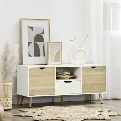 HOMCOM Moderna 50-palčna TV omarica iz iverne plošče s predali, odprtimi policami, omaricami in 5 borovimi lesenimi nogami, 110x40x50 cm, bela in lese