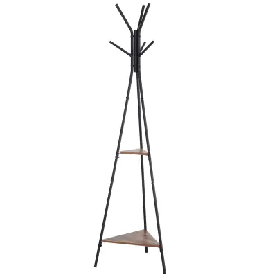 HOMCOM obešalnik za oblačila z dvema policama in šestimi kljukami v industrijskem slogu v črni in rjavi barvi 32,5 x 45,5 x 182 cm