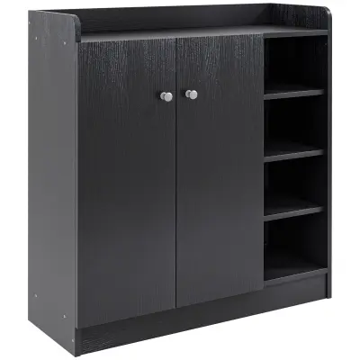 HOMCOM Prostorsko varčna in sodobna lesena omara za 12 parov čevljev s 4 odprtimi policami, 83x30x90 cm, črna