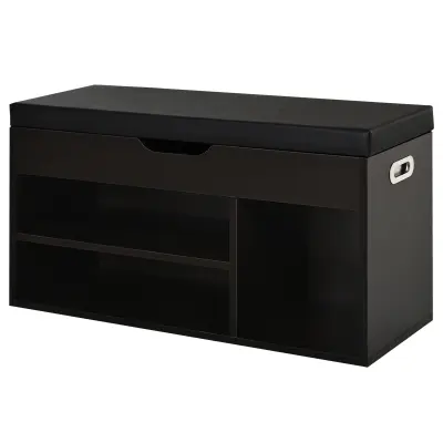 HOMCOM Prostorsko varčna omara za čevlje z oblazinjeno klopjo za shranjevanje in odprtimi predali 80x30x45cm, črna