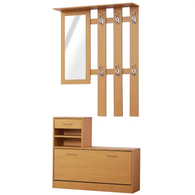 HOMCOM Garderobna omara z nastavljivo garderobo in ogledalom s 6 kljukami za predsobo in spalnico 90x22x116cm Les