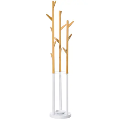 HOMCOM oblikovno stojalo za plašče s stojalom za dežnike in 13 kljukami, kovina in bambus, 30,5x30,5x174,5 cm, les in bela barva