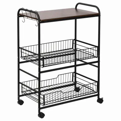 HOMCOM Kuhinjski voziček v industrijskem slogu s 4 kolesi, 2 košarama in 4 kljukami, 60x38x85,5 cm, rjavo črn
