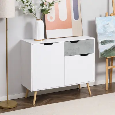 HOMCOM pohištvo za dnevno sobo z 2 omarama z 2 vratoma in predalom, moderna bočna večnamenska omara iz iverne plošče in borovega lesa, 98x39x81,5 cm,