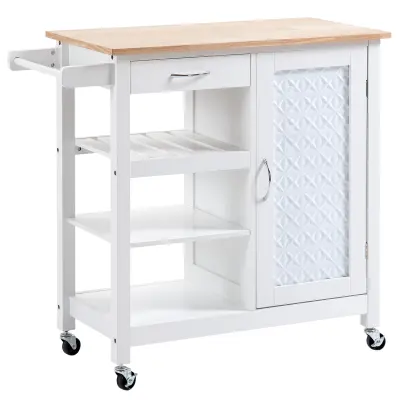HOMCOM Kuhinjski voziček s 4 kolesi z 1 predalom, 1 omarico, 1 odprto polico s 3 nivoji in 1 stojalom za brisače, MDF in jeklo, 92x40x84 cm, bel