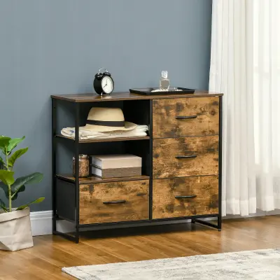 HOMCOM Komoda v industrijskem slogu s 4 zložljivimi predali iz blaga in 2 odprtima policama, MDF, jeklo in poliester, 84x30x71,5 cm, rjava in črna