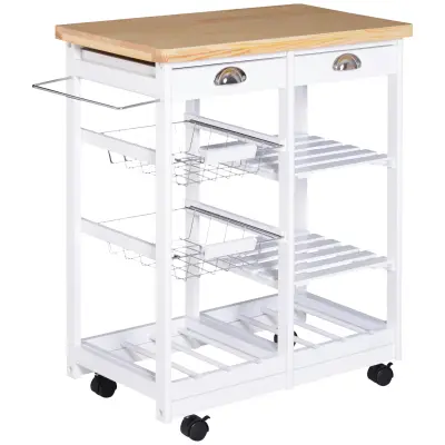HOMCOM Kuhinjski voziček s kolesi Predali in držalo za steklenice Beli les 74x37x76cm