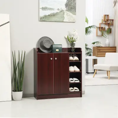 HOMCOM Prostorsko varčna in sodobna lesena omara za 12 parov čevljev s 4 odprtimi policami, 83x30x90 cm, barva kave