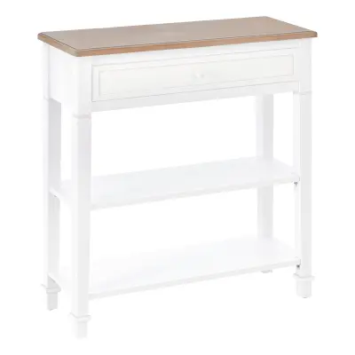 HOMCOM Konzolna mizica v beli in leseni barvi s predalom in dvema policama, MDF kavna mizica, 75,6 x 27,5 x 80,5 cm