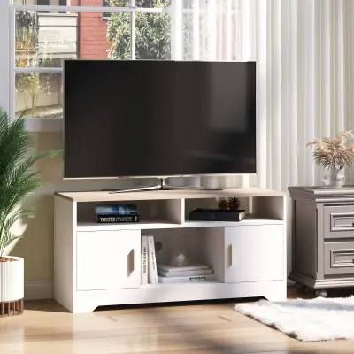 HOMCOM TV omarica s tremi odprtimi predali, dvema omaricama za shranjevanje in polico za televizor do 50 palcev, iz iverne plošče, 105x40x52 cm, bela
