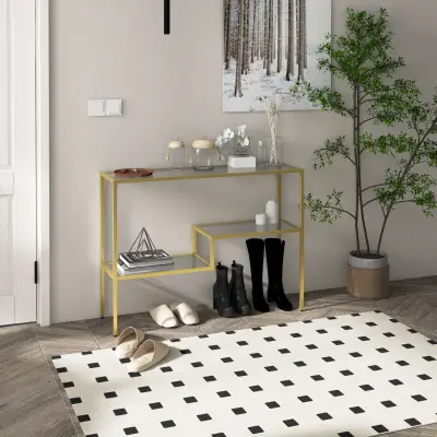 HOMCOM Predsobna konzola s tremi policami iz jekla in kaljenega stekla, 100x32x76 cm, zlata