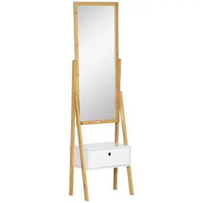 Prostostoječe večnamensko ogledalo s predalom HOMCOM za spalnico in hodnik, MDF in bambus, 45 × 30 × 160 cm, bela in lesena barva
