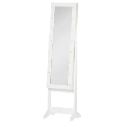HOMCOM nastavljiva ogledalna omarica za nakit z lučkami LED, les, toplo bela, 36x30x136 cm