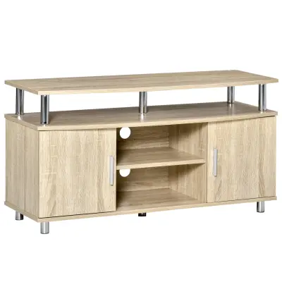 HOMCOM Moderna TV-skrinja z 2 policama, z odprtinami za vgradnjo in 2 predaloma, nizka omarica za TV do 45 palcev, hrast, 105x40x55cm