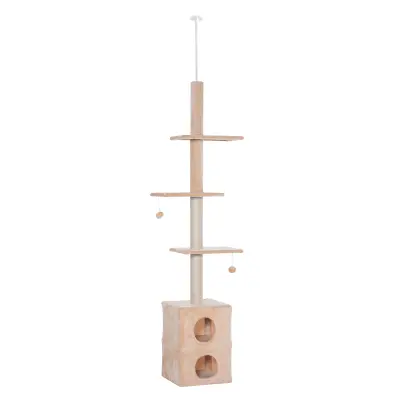 PawHut večnivojsko stropno drevo za praskanje 220-245cm mačja telovadnica z gredicami, platformami in vrvmi iz jute, rumena